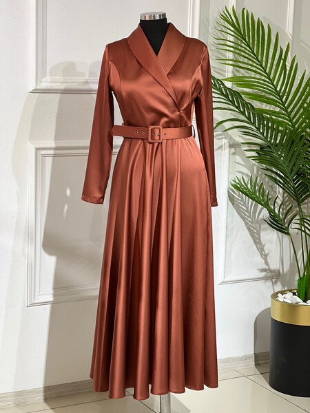 MASAL ABİYEM - 2744 k150 BAKIR BEL KEMERLİ SATEN ELBİSE