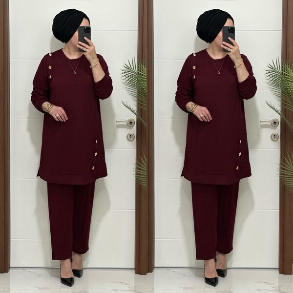 1313 K 150 BORDO DÜĞME DETAY YAKAMOZ TAKIM - Thumbnail