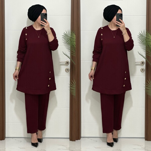 1313 K 150 BORDO DÜĞME DETAY YAKAMOZ TAKIM - Thumbnail