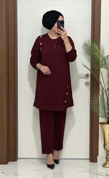 1313 K 150 BORDO DÜĞME DETAY YAKAMOZ TAKIM - Thumbnail