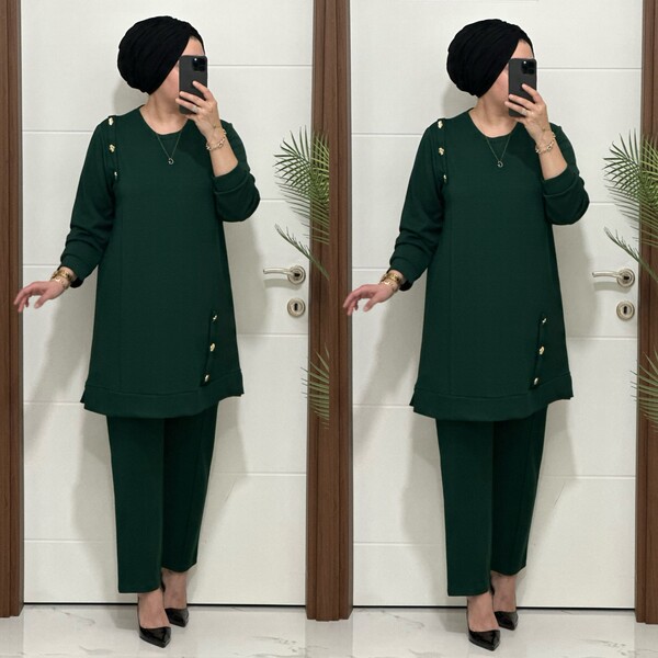 1313 K 150 YEŞİL DÜĞME DETAY YAKAMOZ TAKIM - Thumbnail