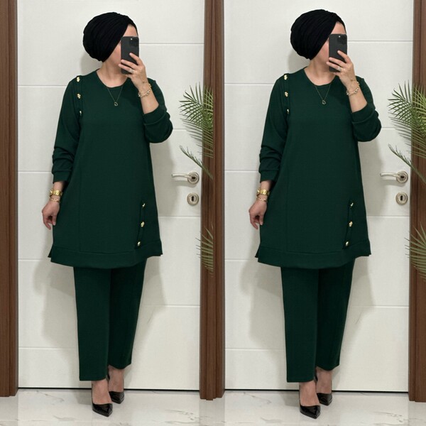 1313 K 150 YEŞİL DÜĞME DETAY YAKAMOZ TAKIM - Thumbnail