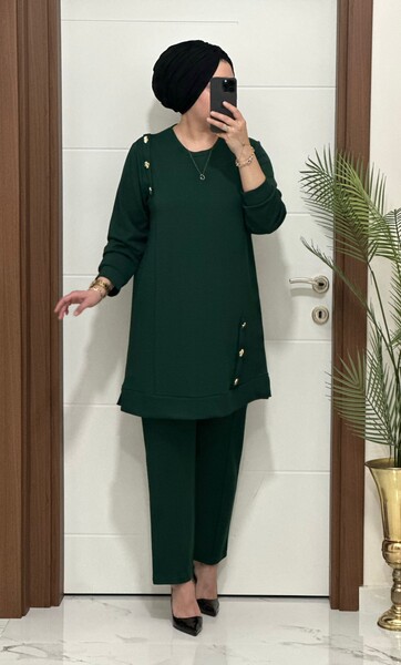 1313 K 150 YEŞİL DÜĞME DETAY YAKAMOZ TAKIM - Thumbnail