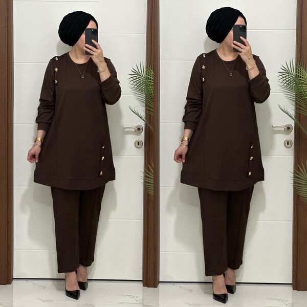 1313 K 150 KAHVE DÜĞME DETAY YAKAMOZ TAKIM - Thumbnail