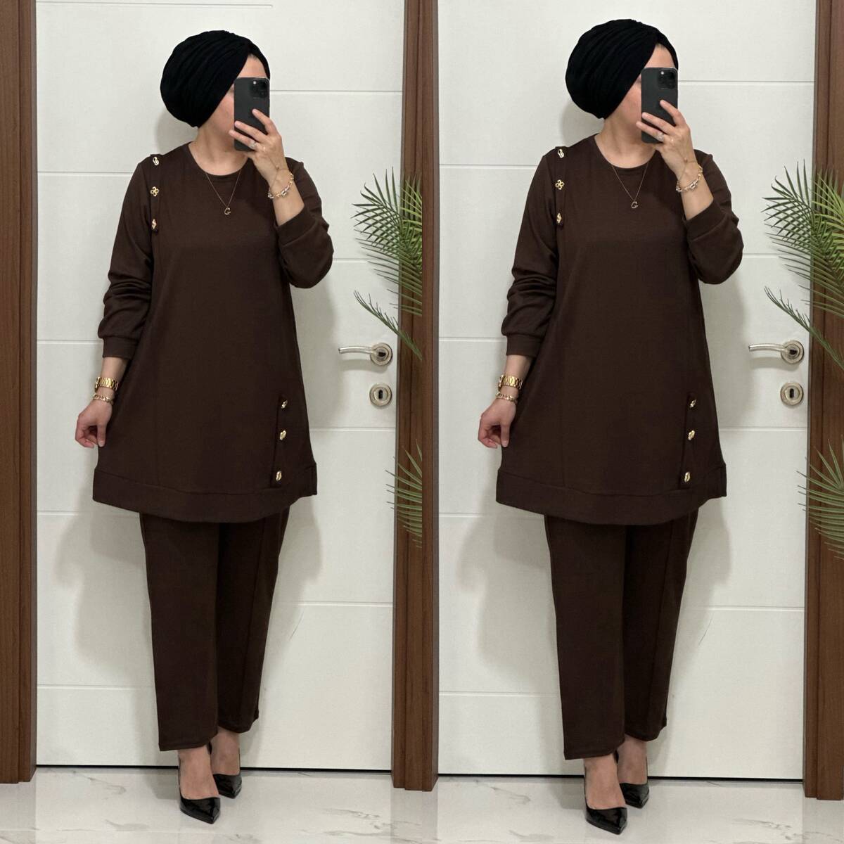 1313 K 150 KAHVE DÜĞME DETAY YAKAMOZ TAKIM