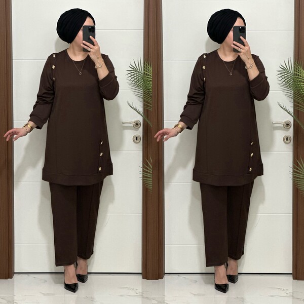 1313 K 150 KAHVE DÜĞME DETAY YAKAMOZ TAKIM - Thumbnail