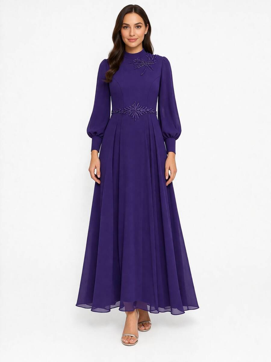 4121 K 200 MOR BELİ TAŞLI ŞİFON ELBİSE 