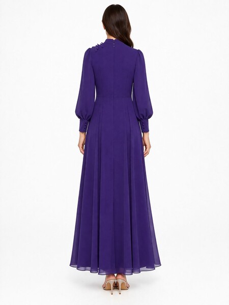 4121 K 200 MOR BELİ TAŞLI ŞİFON ELBİSE - Thumbnail