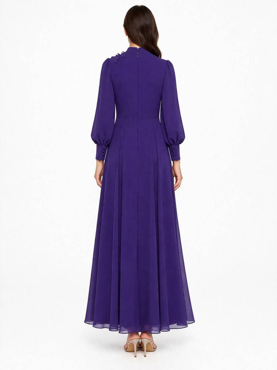 4121 K 200 MOR BELİ TAŞLI ŞİFON ELBİSE 