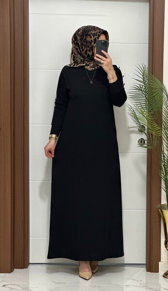 MASAL ABİYEM - F11 K 80 SİYAH OMUZ DÜĞMELİ LEYLA ELBİSE