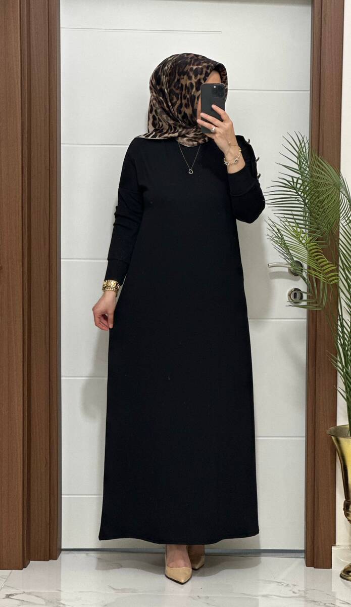 F11 K 80 SİYAH OMUZ DÜĞMELİ LEYLA ELBİSE