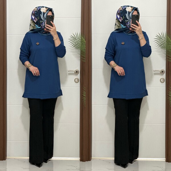 1550 K 656 İNDİGO BROŞ HEDİYELİ BÜYÜK BEDEN TUNİK - Thumbnail