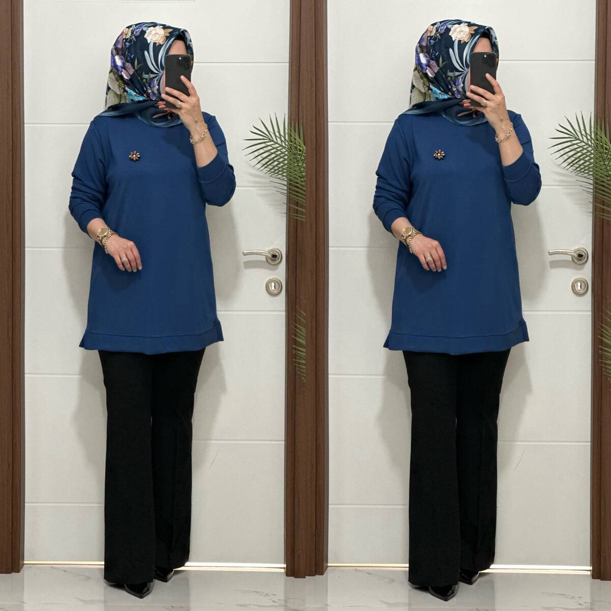 1550 K 656 İNDİGO BROŞ HEDİYELİ BÜYÜK BEDEN TUNİK