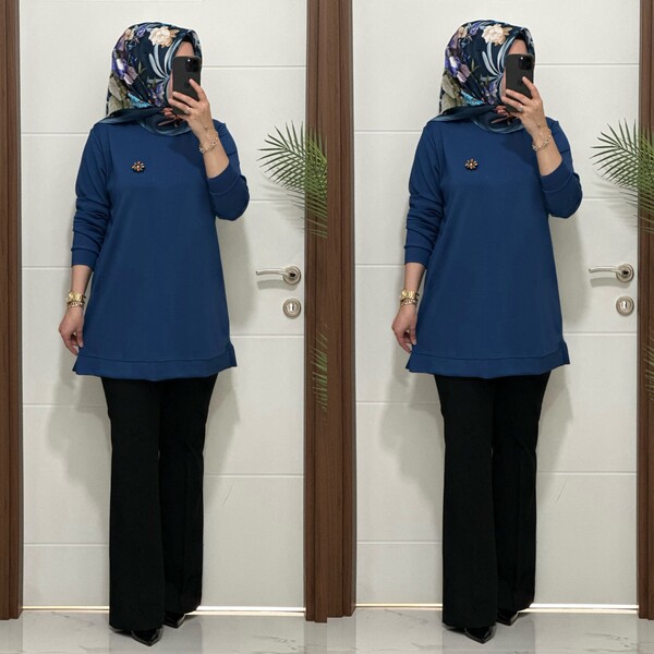 1550 K 656 İNDİGO BROŞ HEDİYELİ BÜYÜK BEDEN TUNİK - Thumbnail