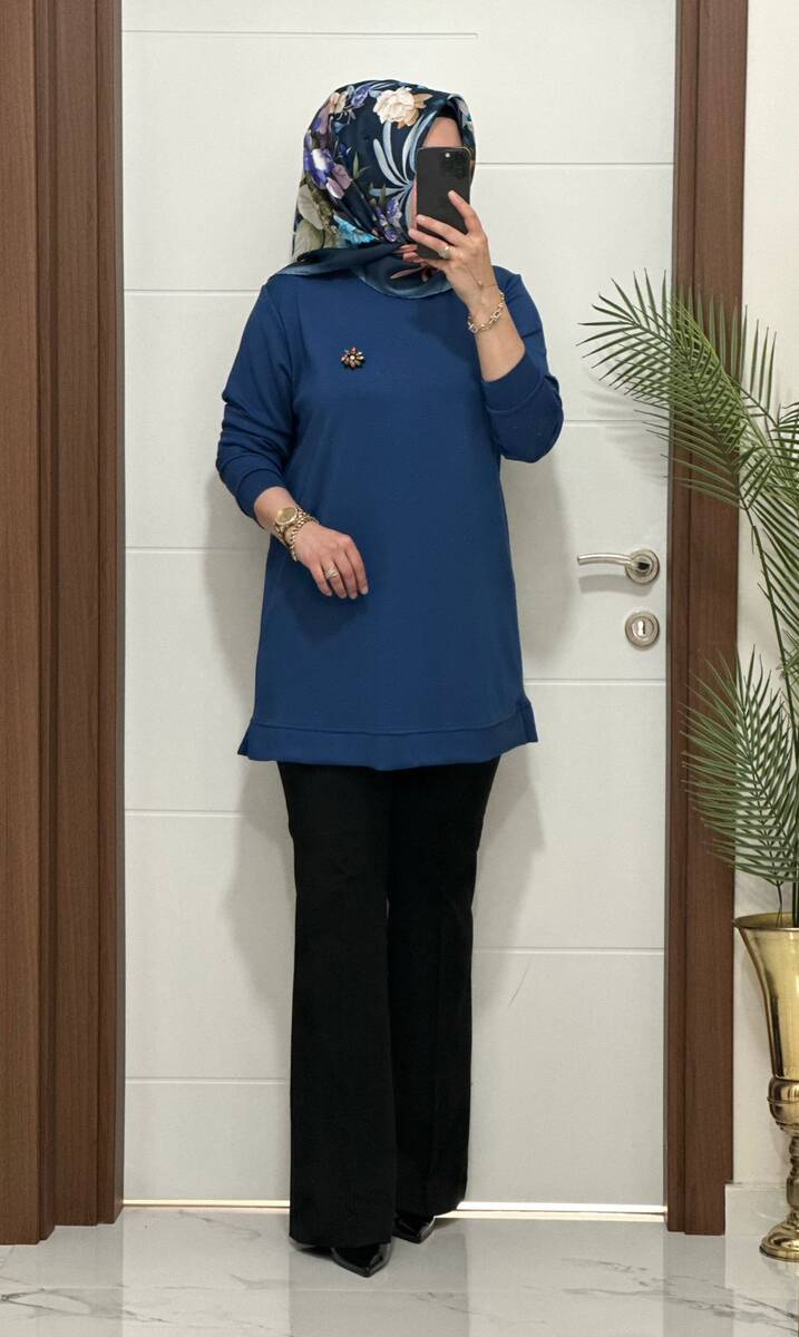 1550 K 656 İNDİGO BROŞ HEDİYELİ BÜYÜK BEDEN TUNİK