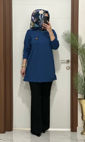 MASAL ABİYEM - 1550 K 656 İNDİGO BROŞ HEDİYELİ BÜYÜK BEDEN TUNİK
