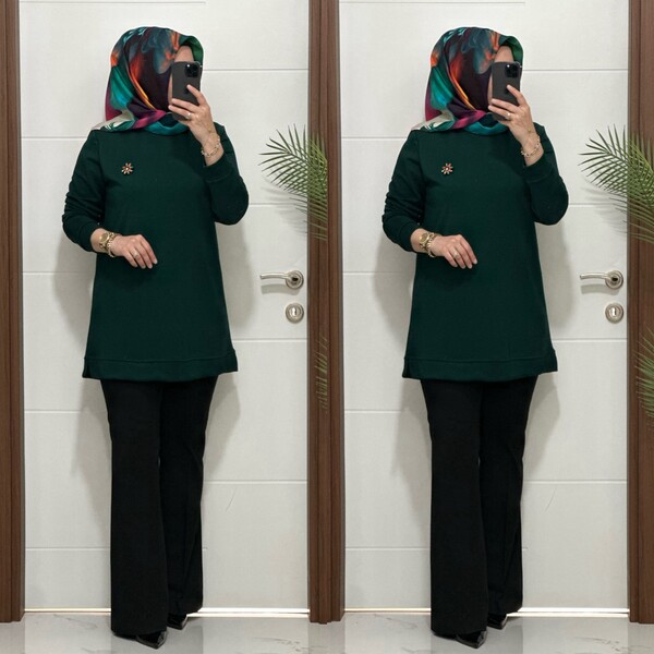 1550 K 656 YESİL BROŞ HEDİYELİ BÜYÜK BEDEN TUNİK - Thumbnail