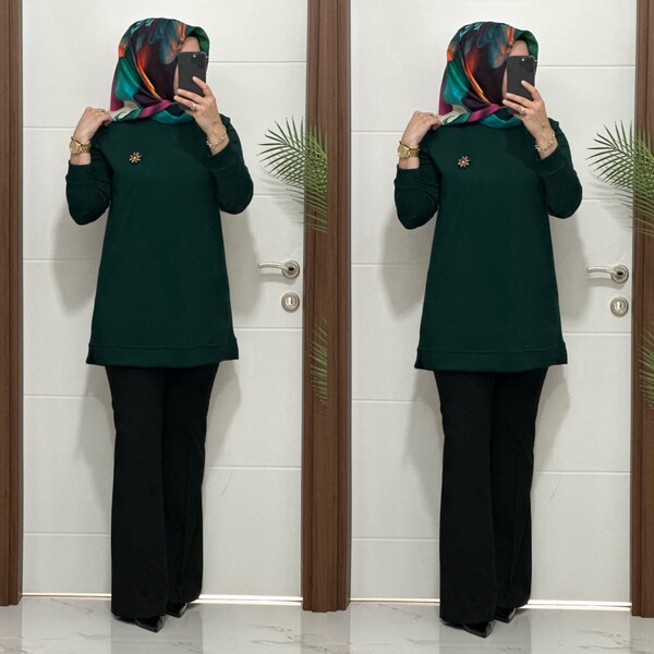 1550 K 656 YESİL BROŞ HEDİYELİ BÜYÜK BEDEN TUNİK - Thumbnail