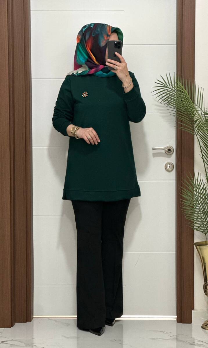 1550 K 656 YESİL BROŞ HEDİYELİ BÜYÜK BEDEN TUNİK