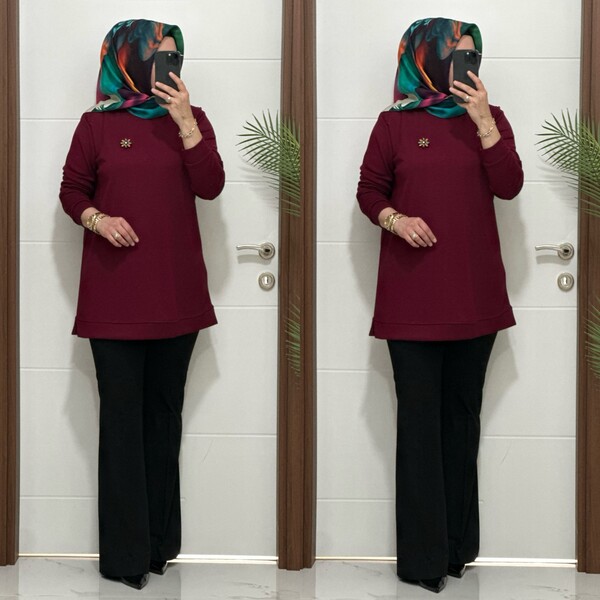 1550 K 656 BORDO BROŞ HEDİYELİ BÜYÜK BEDEN TUNİK - Thumbnail