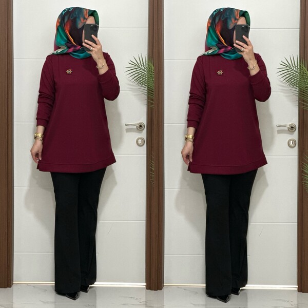 1550 K 656 BORDO BROŞ HEDİYELİ BÜYÜK BEDEN TUNİK - Thumbnail