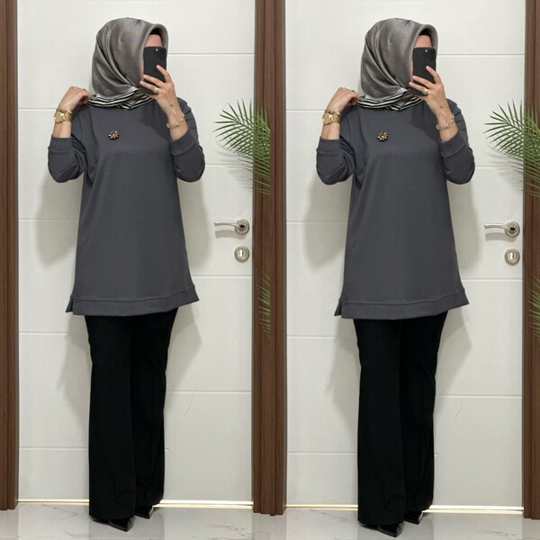 1550 K 656 GRİ BROŞ HEDİYELİ BÜYÜK BEDEN TUNİK - Thumbnail