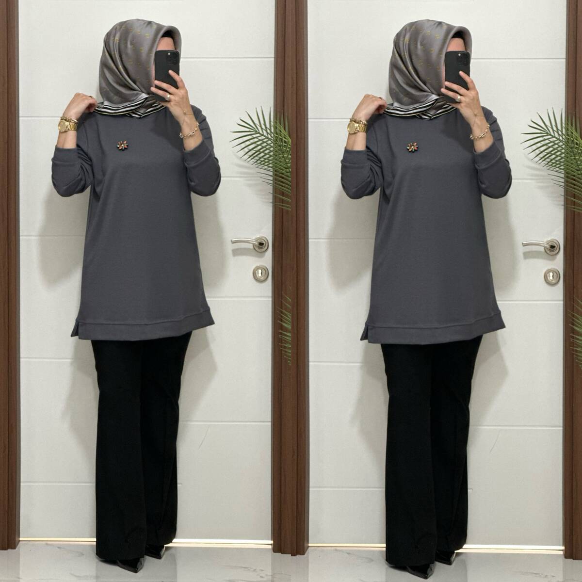 1550 K 656 GRİ BROŞ HEDİYELİ BÜYÜK BEDEN TUNİK