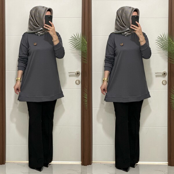 1550 K 656 GRİ BROŞ HEDİYELİ BÜYÜK BEDEN TUNİK - Thumbnail