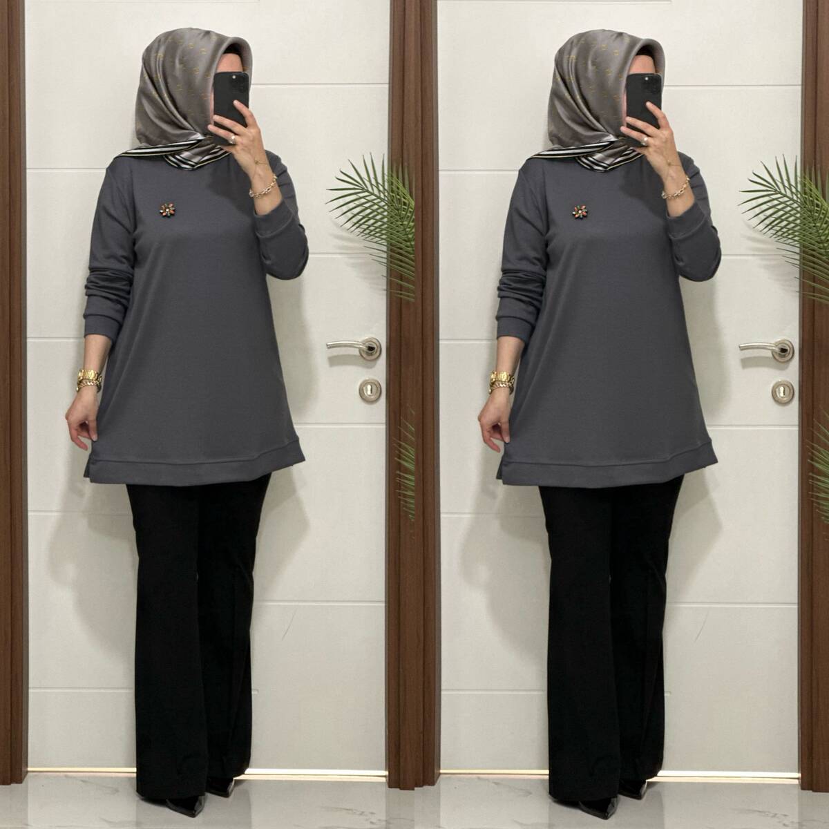 1550 K 656 GRİ BROŞ HEDİYELİ BÜYÜK BEDEN TUNİK