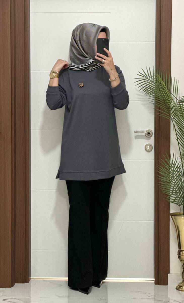 1550 K 656 GRİ BROŞ HEDİYELİ BÜYÜK BEDEN TUNİK