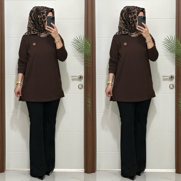 1550 K 656 KAHVE BROŞ HEDİYELİ BÜYÜK BEDEN TUNİK - Thumbnail