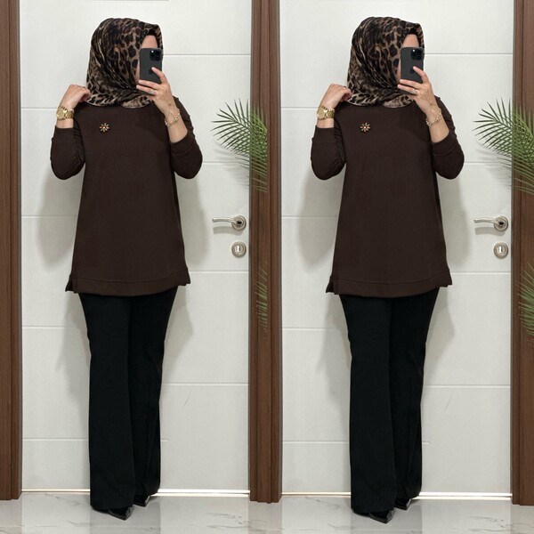 1550 K 656 KAHVE BROŞ HEDİYELİ BÜYÜK BEDEN TUNİK - Thumbnail