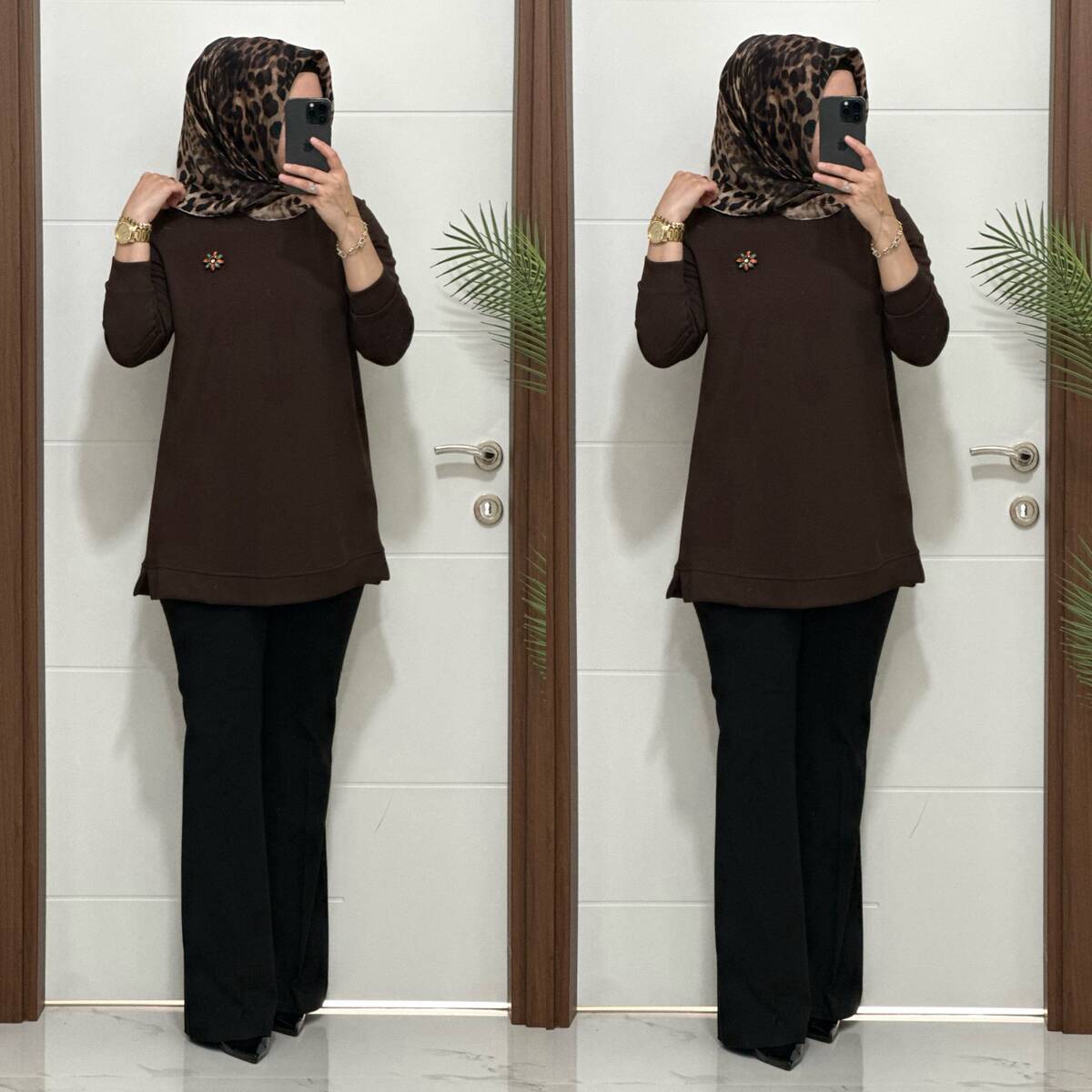 1550 K 656 KAHVE BROŞ HEDİYELİ BÜYÜK BEDEN TUNİK