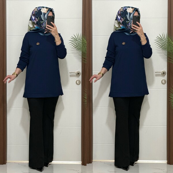 1550 K 656 LACİVERT BROŞ HEDİYELİ BÜYÜK BEDEN TUNİK - Thumbnail