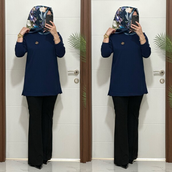 1550 K 656 LACİVERT BROŞ HEDİYELİ BÜYÜK BEDEN TUNİK - Thumbnail