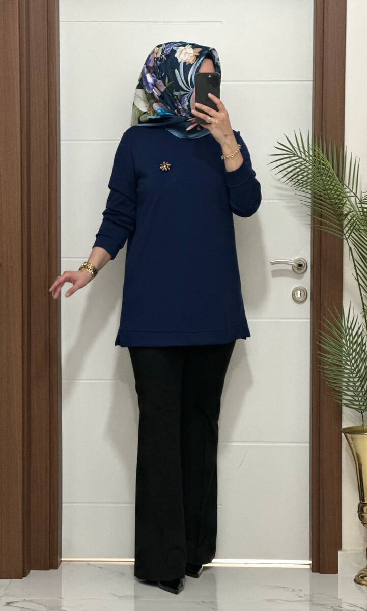 1550 K 656 LACİVERT BROŞ HEDİYELİ BÜYÜK BEDEN TUNİK