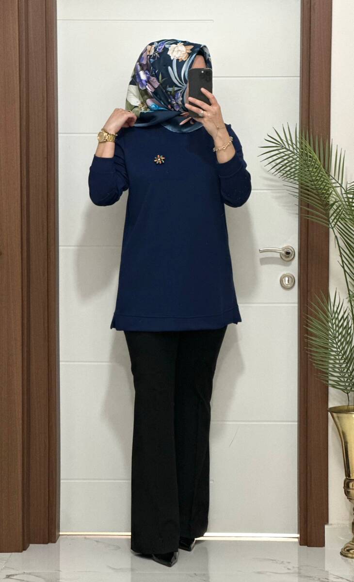 1550 K 656 LACİVERT BROŞ HEDİYELİ BÜYÜK BEDEN TUNİK