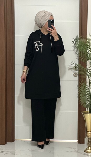 MASAL ABİYEM - 6666 K 150 SİYAH ÇİÇEK TAŞLI OYSHO TAKIM 