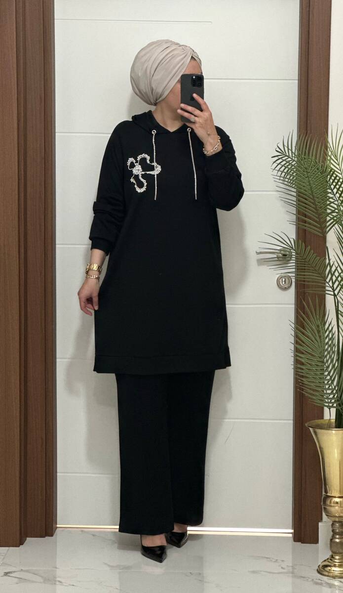 6666 K 150 SİYAH ÇİÇEK TAŞLI OYSHO TAKIM 