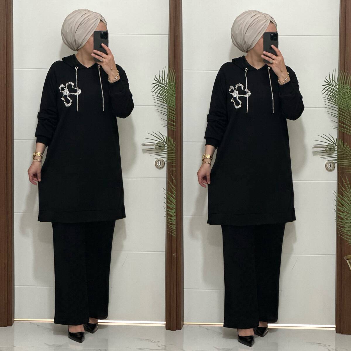 6666 K 150 SİYAH ÇİÇEK TAŞLI OYSHO TAKIM 