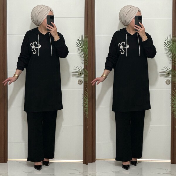 6666 K 150 SİYAH ÇİÇEK TAŞLI OYSHO TAKIM - Thumbnail