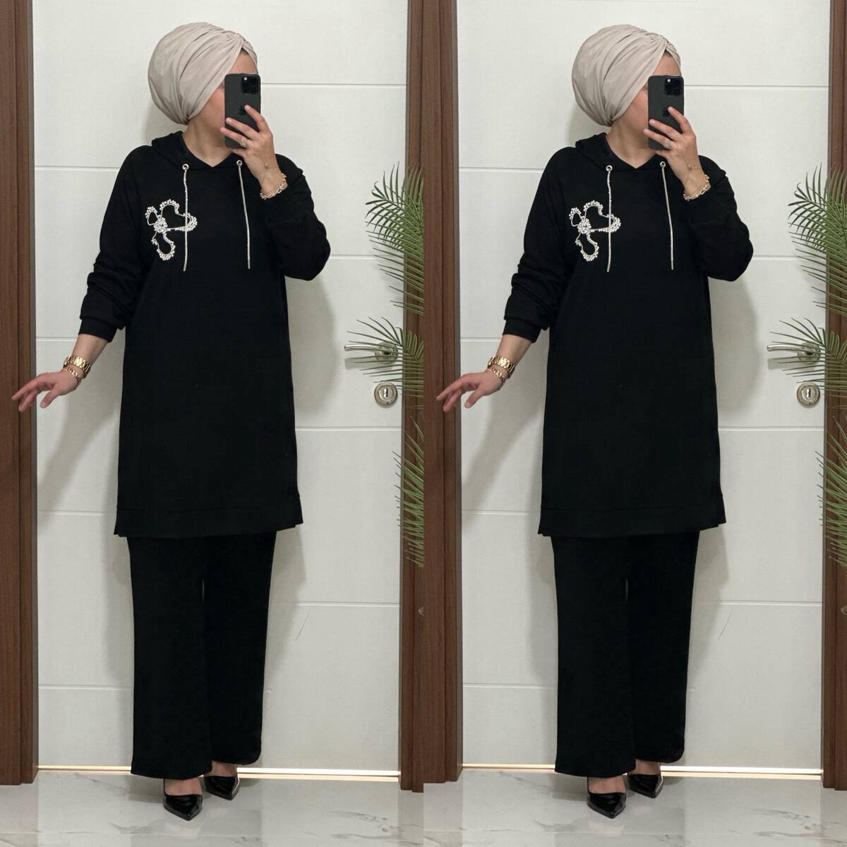 6666 K 150 SİYAH ÇİÇEK TAŞLI OYSHO TAKIM 