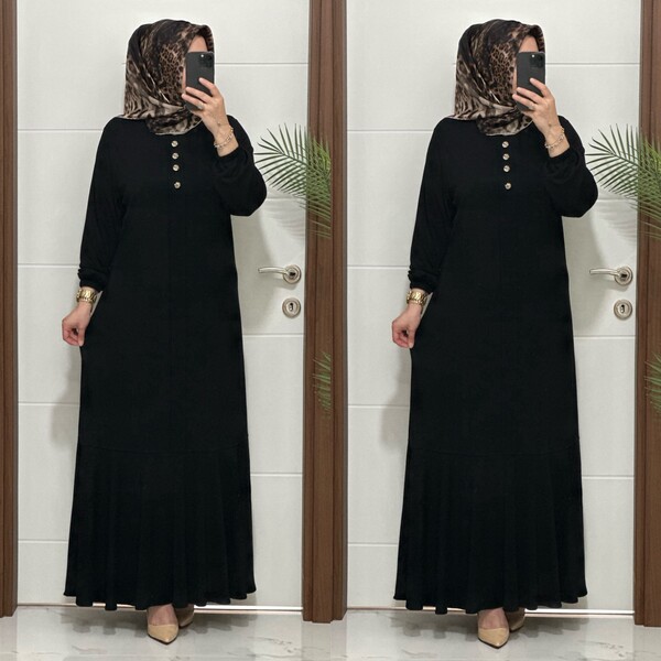 25307 K 125 SİYAH EDİZ VOLANLI ELBİSE - Thumbnail