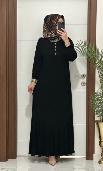 25307 K 125 SİYAH EDİZ VOLANLI ELBİSE - Thumbnail