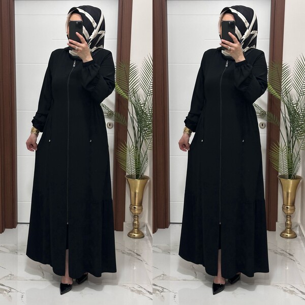 5344 K 150 SİYAH BEL BÜZGÜLÜ FERACE - Thumbnail