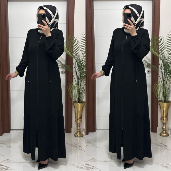 5344 K 150 SİYAH BEL BÜZGÜLÜ FERACE - Thumbnail