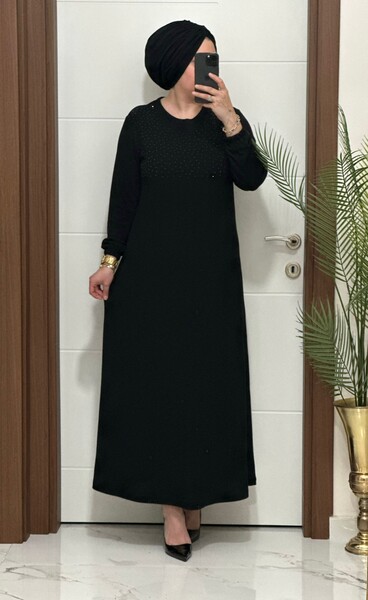 MASAL ABİYEM - 25347 K 125 SİYAH DİLARA TAŞLI TRİKO ELBİSE