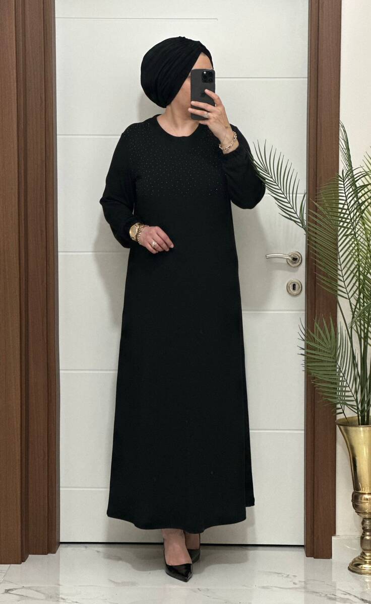 25347 K 125 SİYAH DİLARA TAŞLI TRİKO ELBİSE