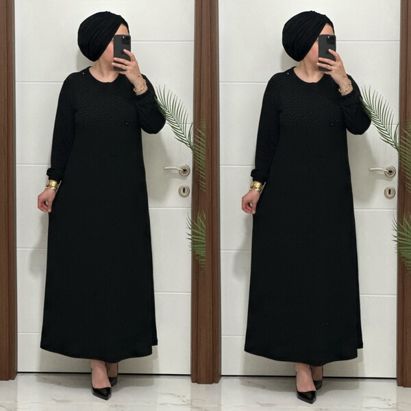 25347 K 125 SİYAH DİLARA TAŞLI TRİKO ELBİSE - Thumbnail