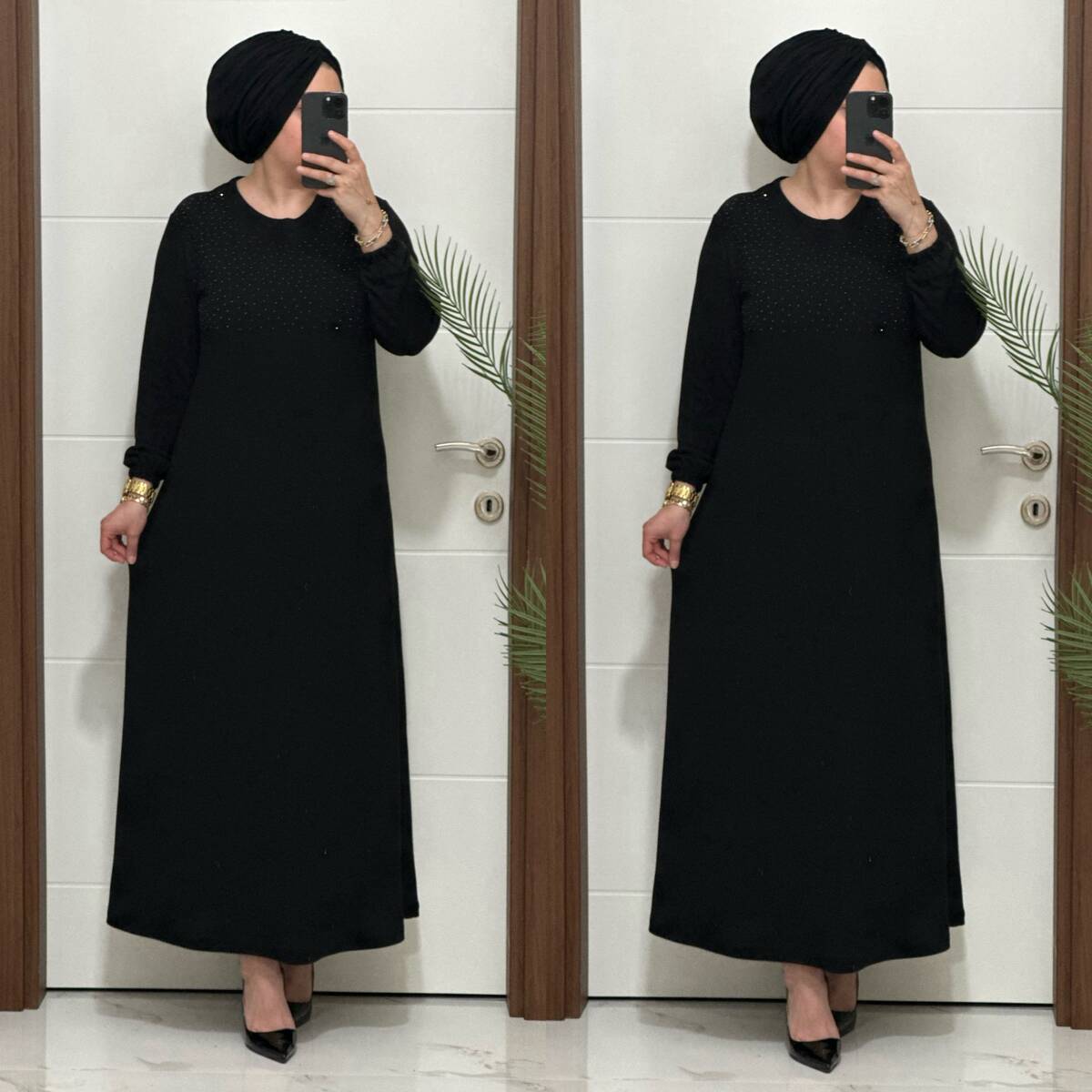 25347 K 125 SİYAH DİLARA TAŞLI TRİKO ELBİSE